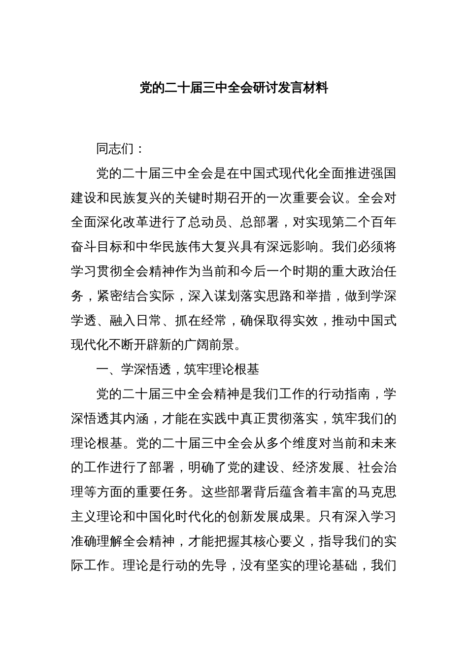 党的二十届三中全会研讨发言材料_第1页
