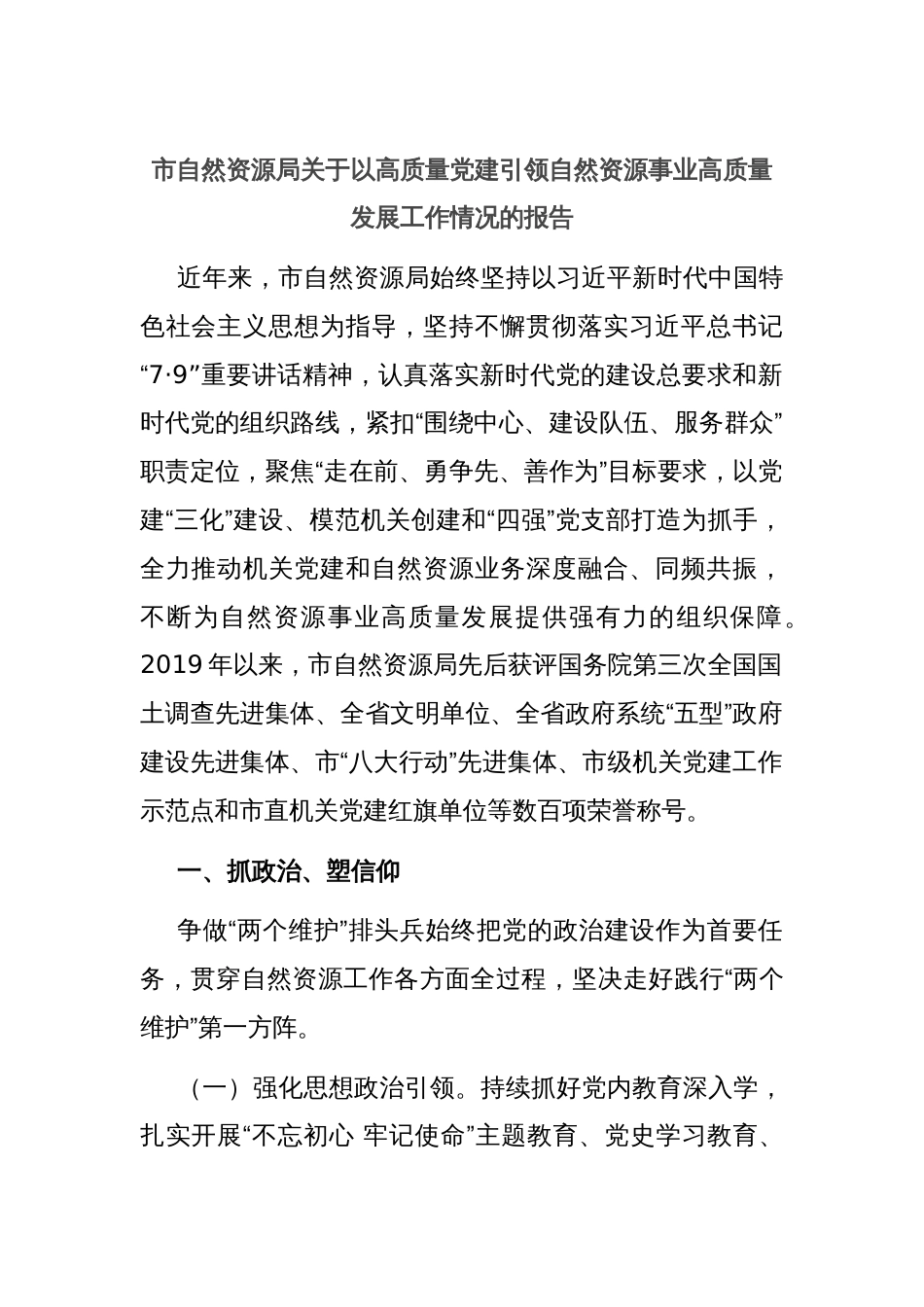 市自然资源局关于以高质量党建引领自然资源事业高质量发展工作情况的报告_第1页