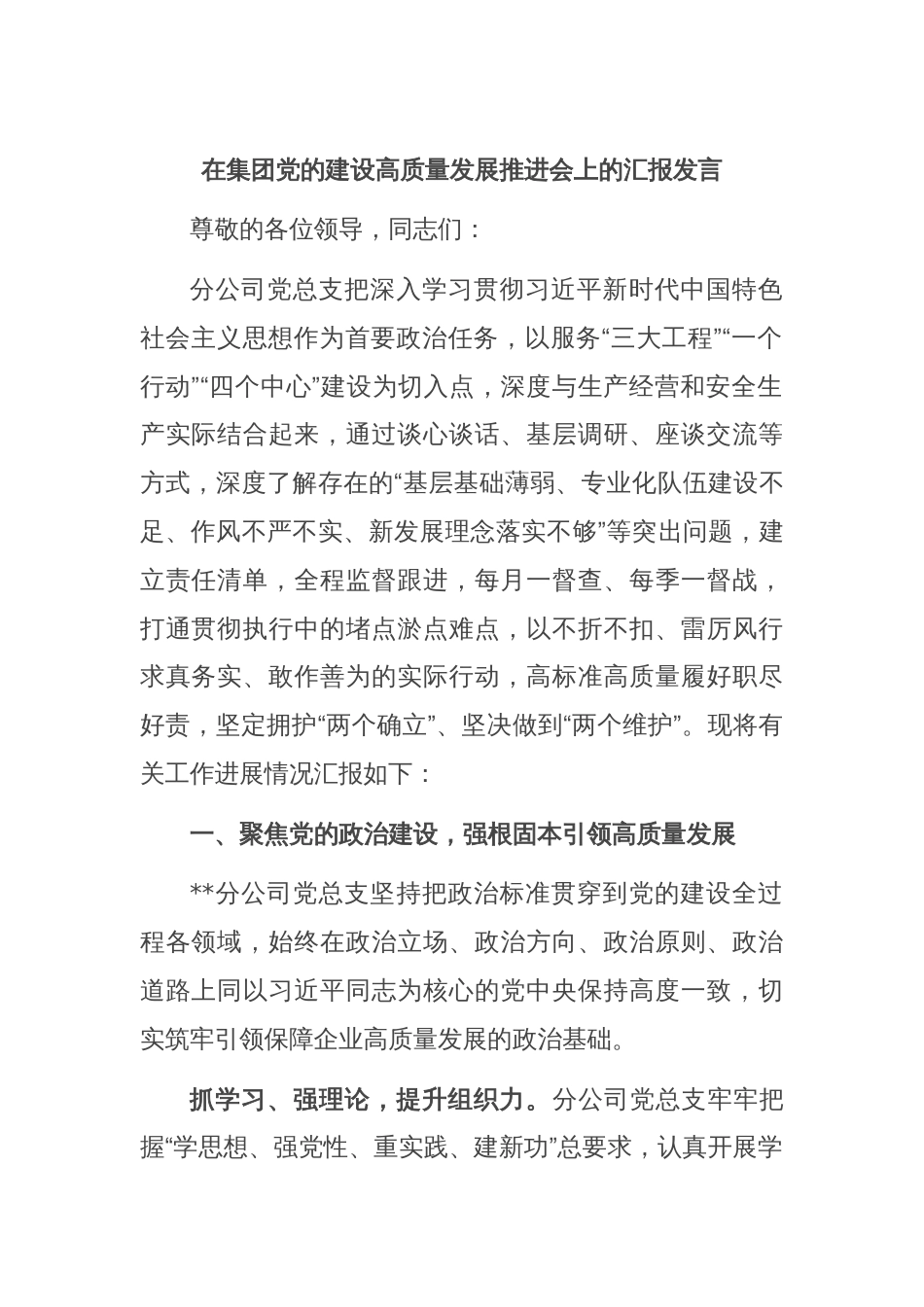 在集团党的建设高质量发展推进会上的汇报发言_第1页