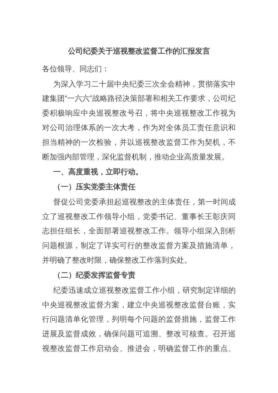 公司纪委关于巡视整改监督工作的汇报发言_第1页