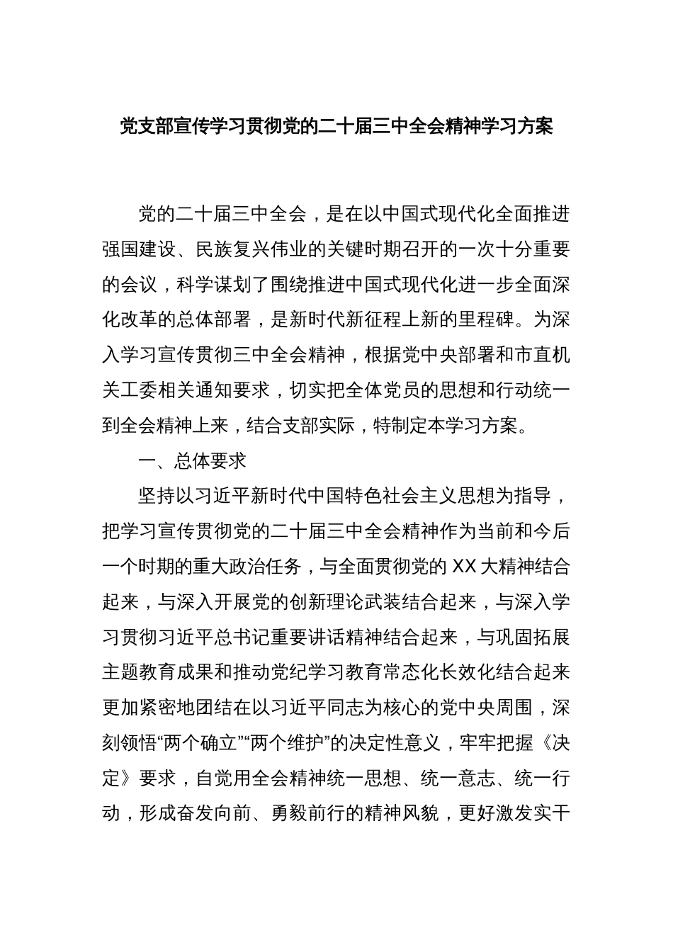 党支部宣传学习贯彻党的二十届三中全会精神学习方案_第1页