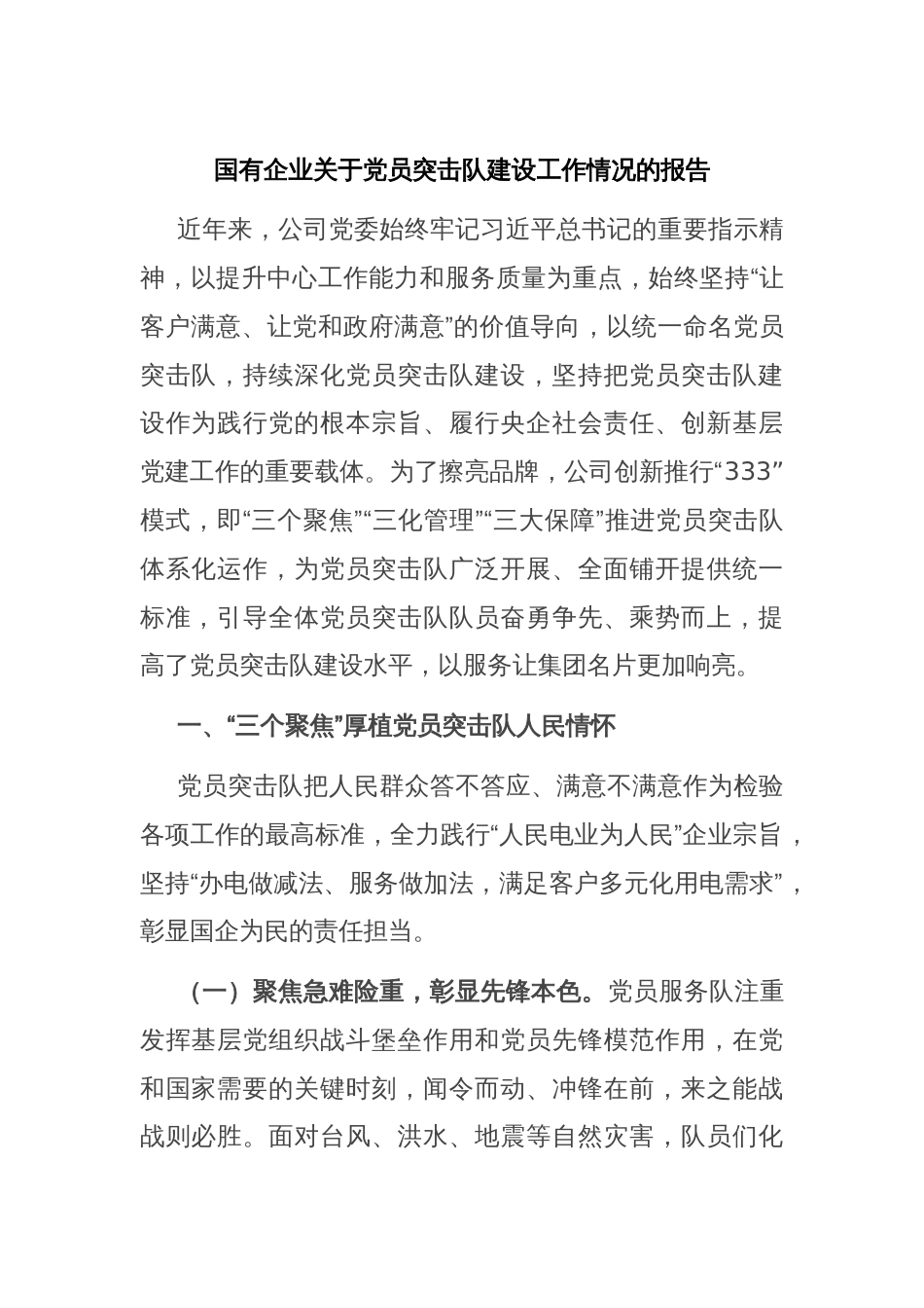 国有企业关于党员突击队建设工作情况的报告_第1页