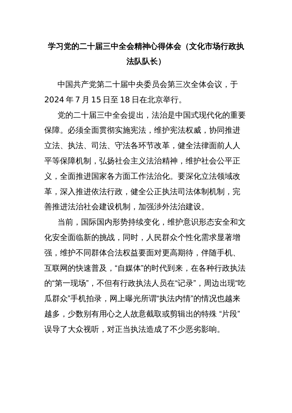 学习党的二十届三中全会精神心得体会（文化市场行政执法队队长）_第1页