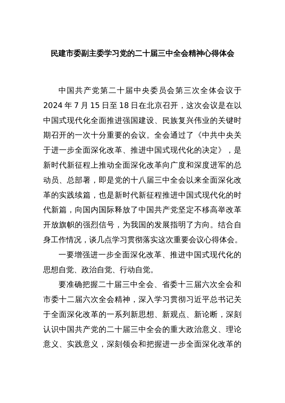 民建市委副主委学习党的二十届三中全会精神心得体会_第1页