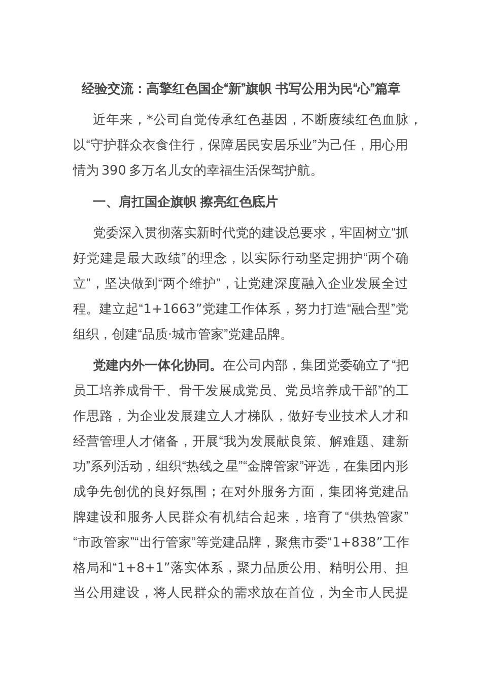 经验交流：高擎红色国企“新”旗帜 书写公用为民“心”篇章_第1页