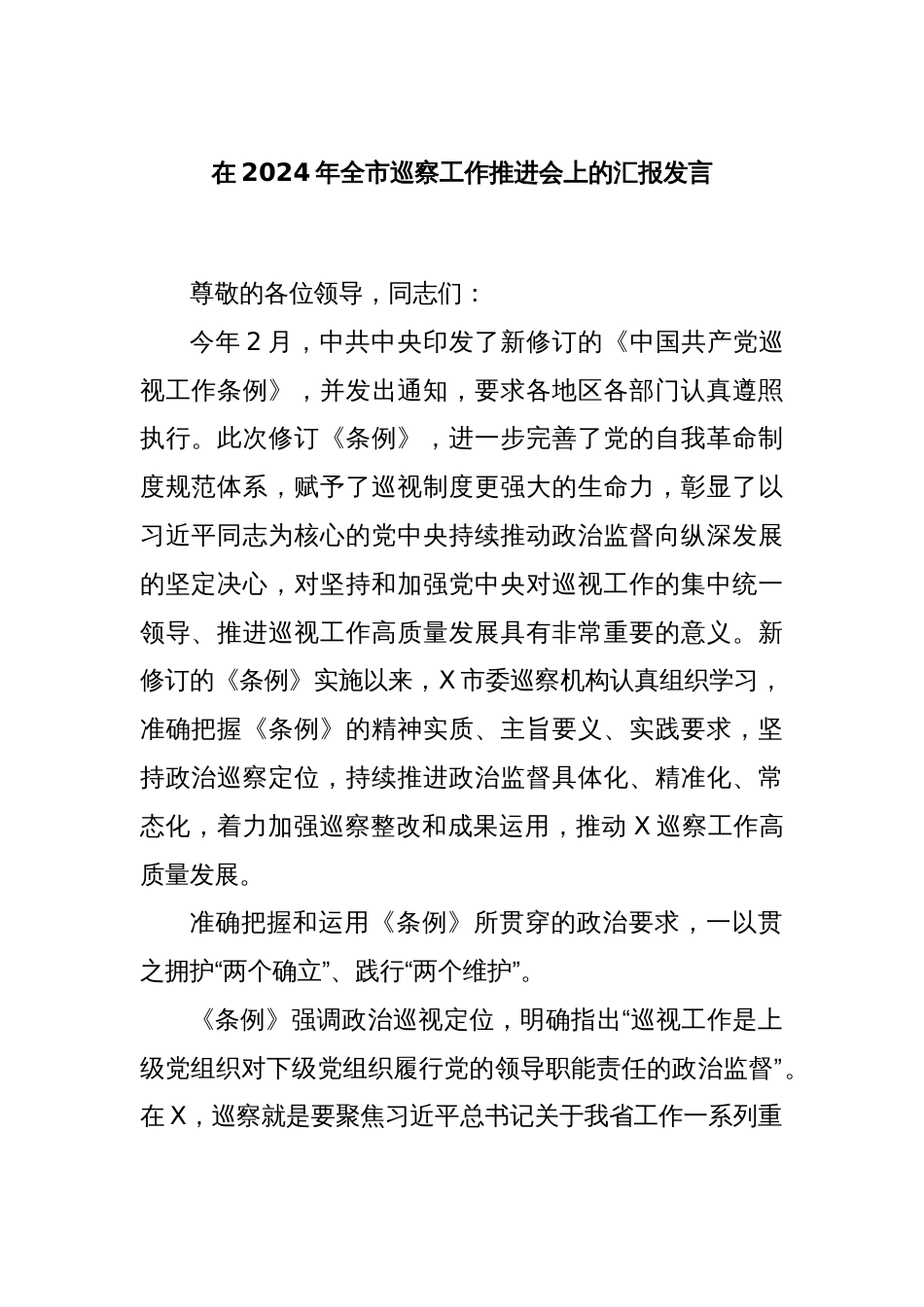 在2024年全市巡察工作推进会上的汇报发言_第1页