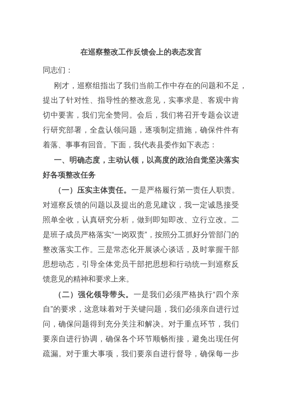 在巡察整改工作反馈会上的表态发言_第1页