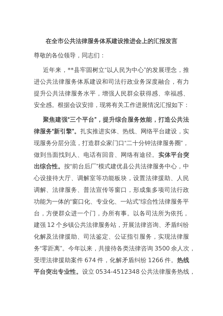 在全市公共法律服务体系建设推进会上的汇报发言_第1页