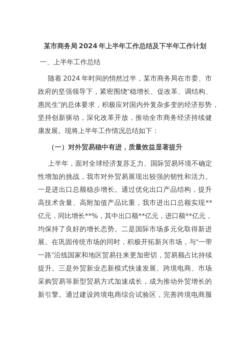 某市商务局2024年上半年工作总结及下半年工作计划_第1页