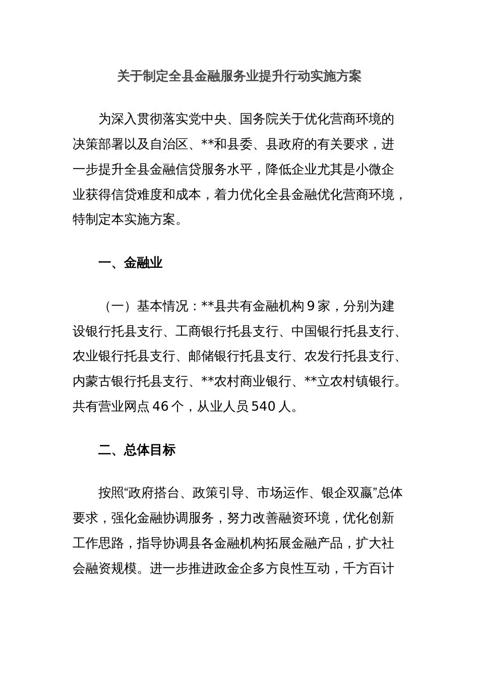 关于制定全县金融服务业提升行动实施方案_第1页