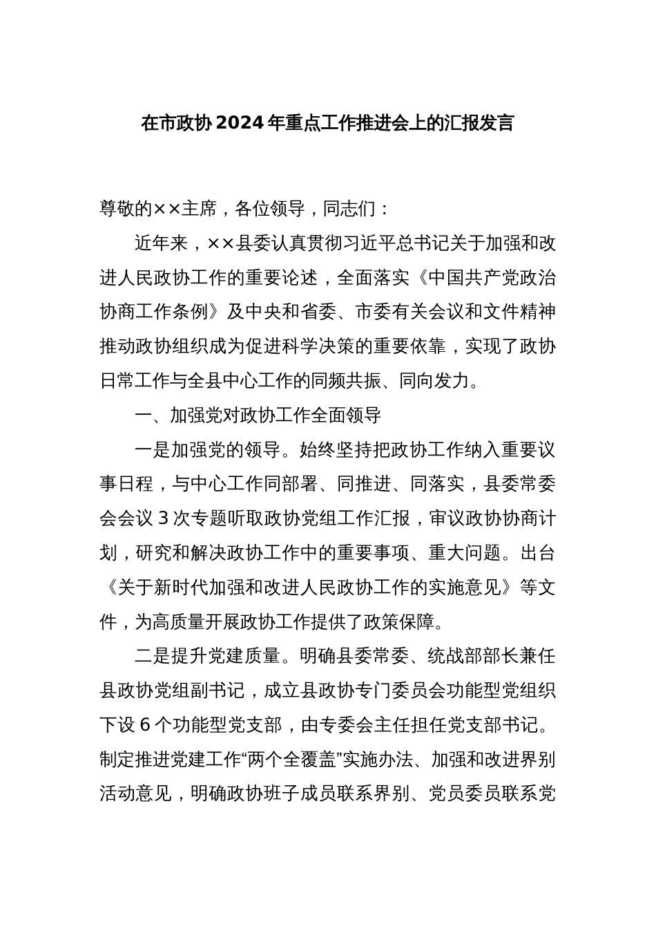 在市政协2024年重点工作推进会上的汇报发言_第1页