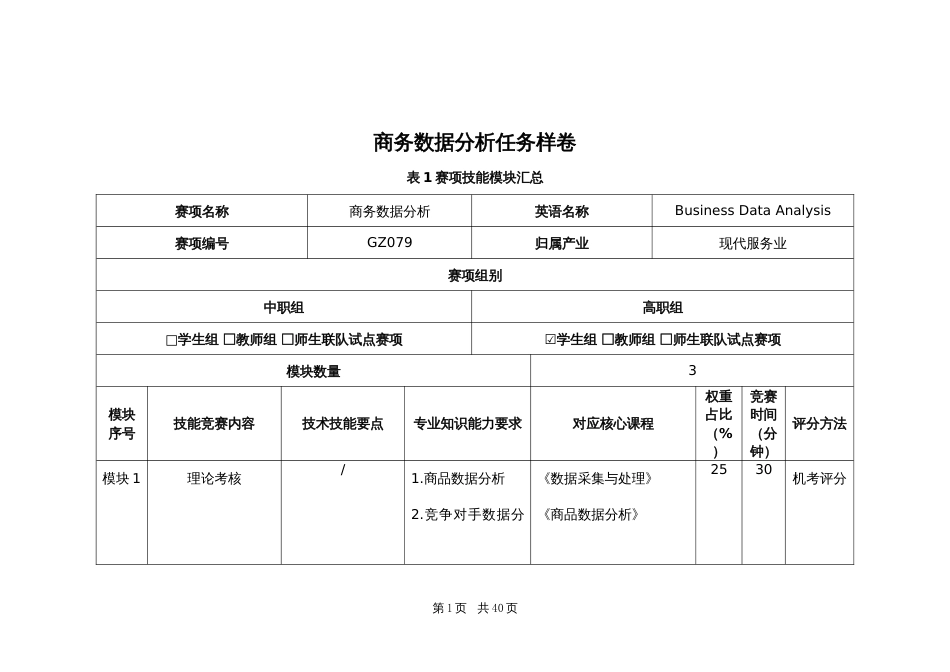 第十七届山东省职业院校技能大赛商务数据分析任务样卷_第1页