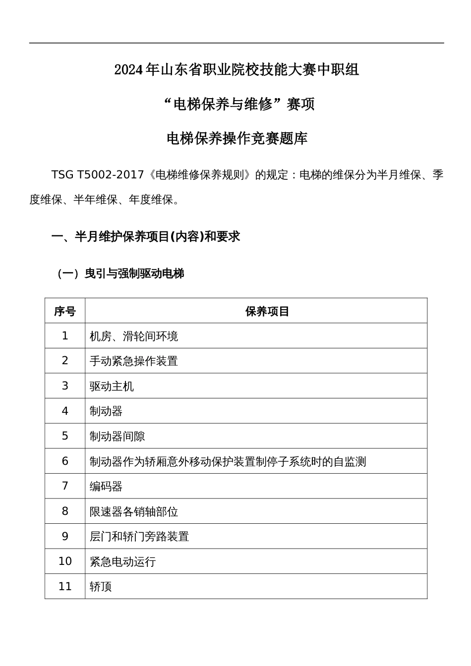 第十七届山东省职业院校技能大赛职业院校技能大赛中职组电梯保养与维修电梯保养题库_第1页