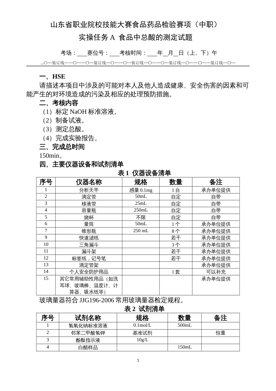 第十七届山东省职业院校技能大赛中职食品药品检验任务A食品中总酸的测定试题_第1页