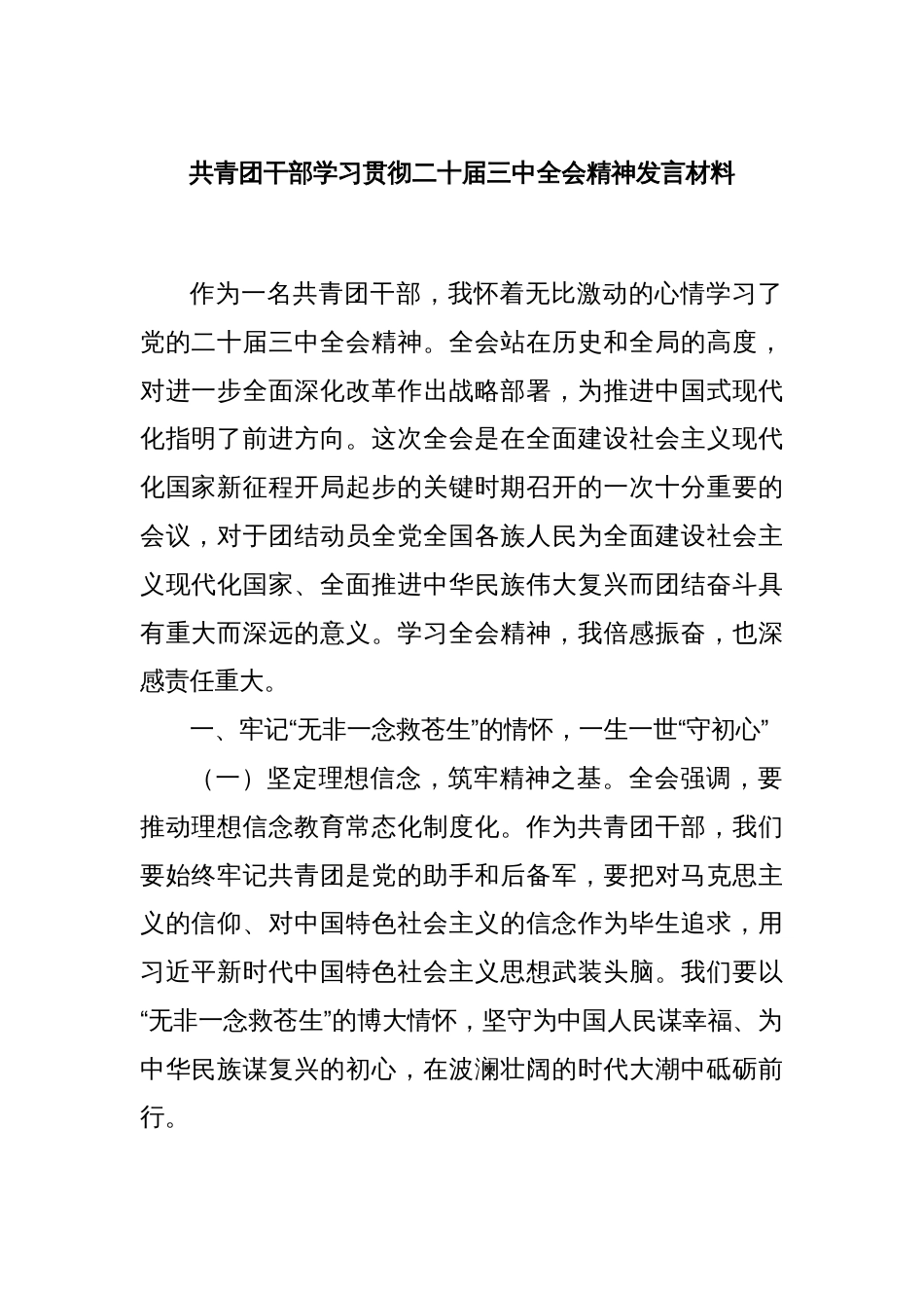 共青团干部学习贯彻二十届三中全会精神发言材料_第1页