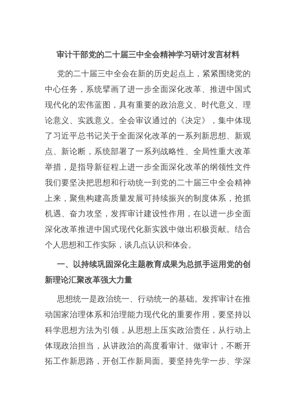 审计干部党的二十届三中全会精神学习研讨发言材料_第1页