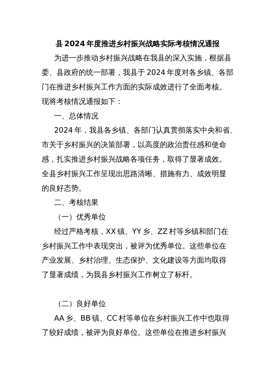 县2024年度推进乡村振兴战略实际考核情况通报_第1页