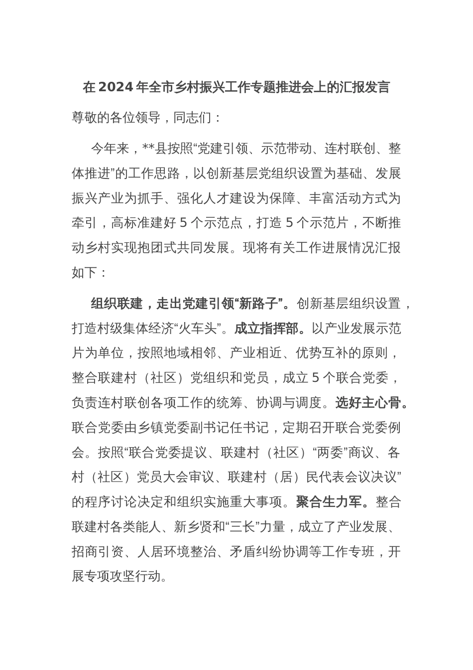 在2024年全市乡村振兴工作专题推进会上的汇报发言_第1页