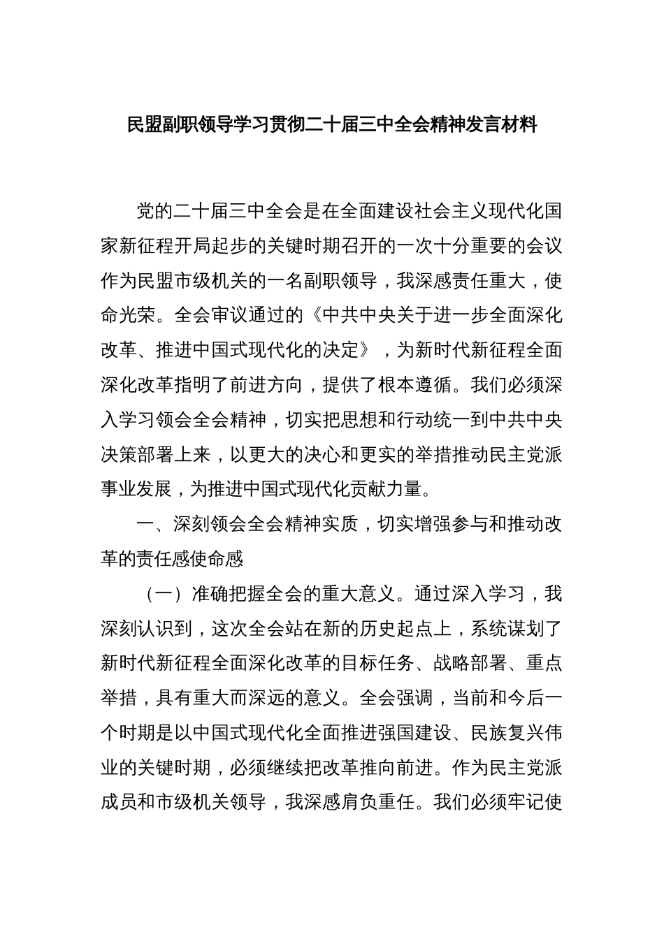 民盟副职领导学习贯彻二十届三中全会精神发言材料_第1页