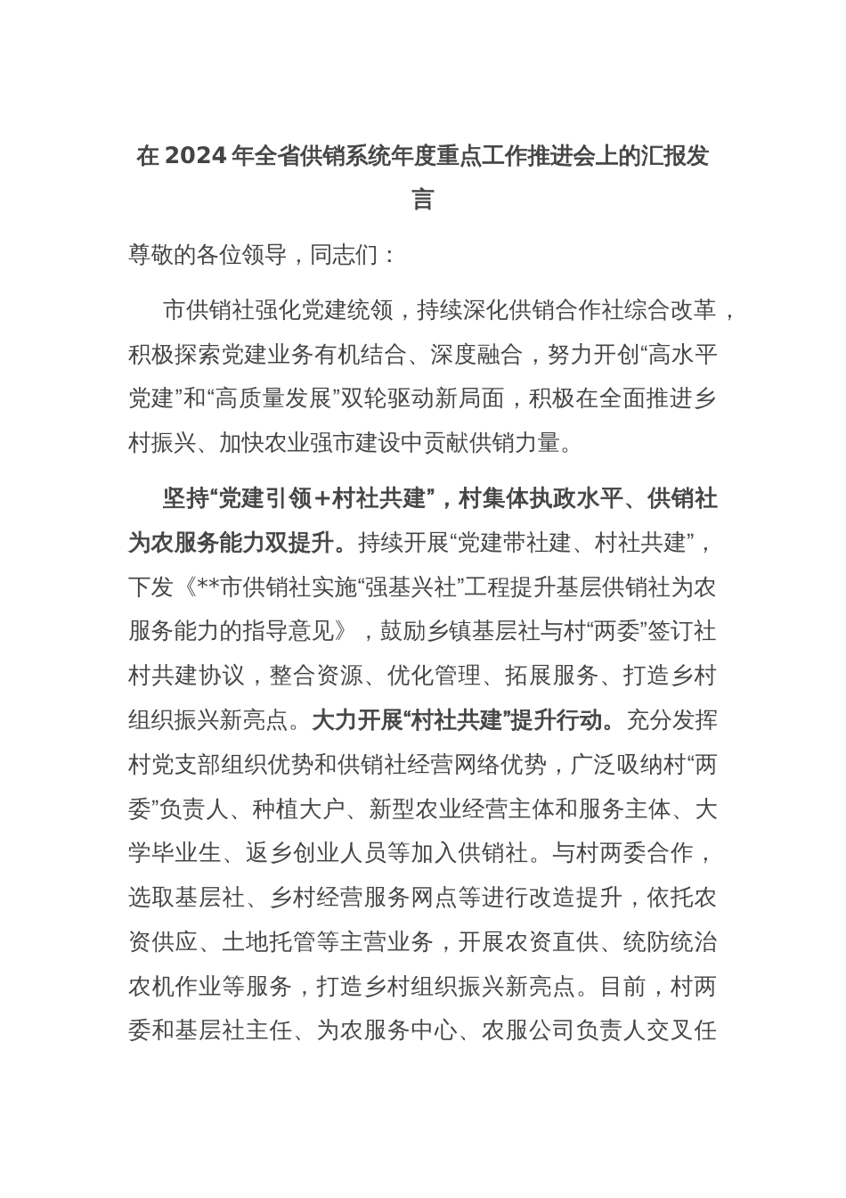 在2024年全省供销系统年度重点工作推进会上的汇报发言_第1页