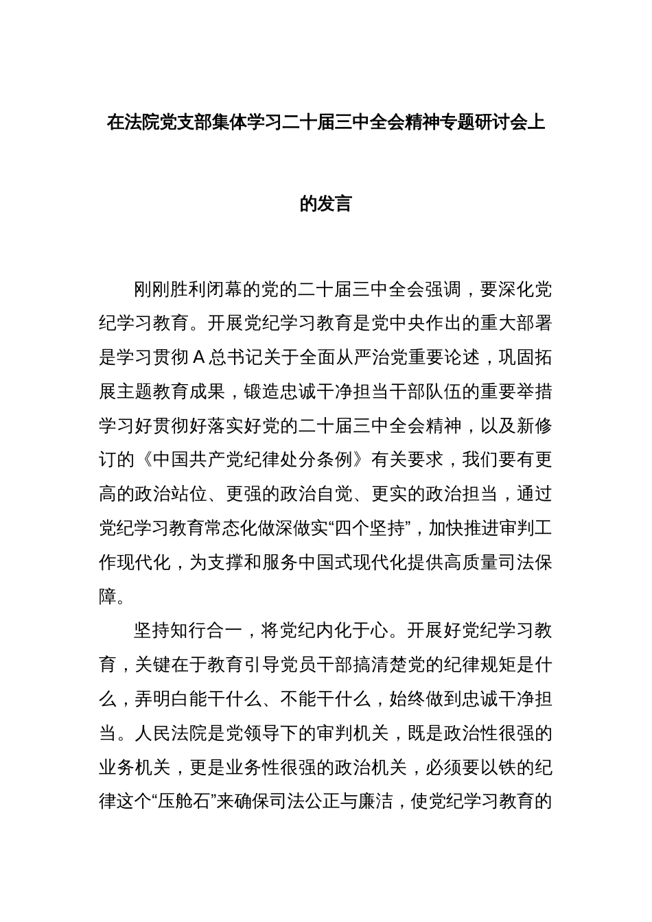 在法院党支部集体学习二十届三中全会精神专题研讨会上的发言_第1页