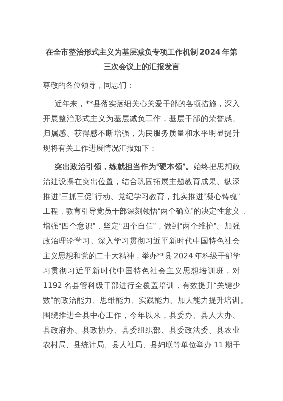 在全市整治形式主义为基层减负专项工作机制2024年第三次会议上的汇报发言_第1页