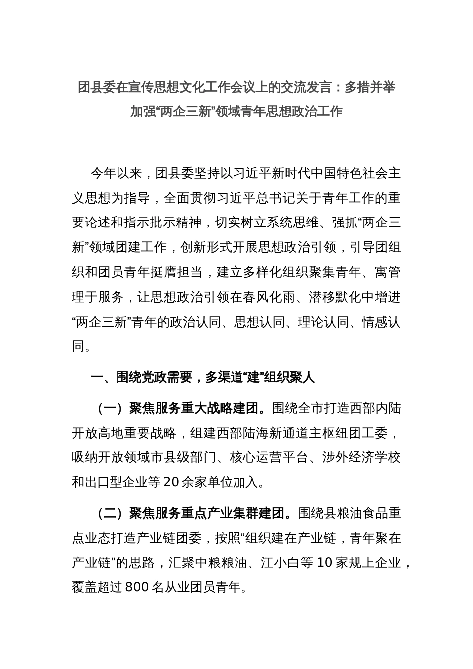 团县委在宣传思想文化工作会议上的交流发言：多措并举加强“两企三新”领域青年思想政治工作_第1页