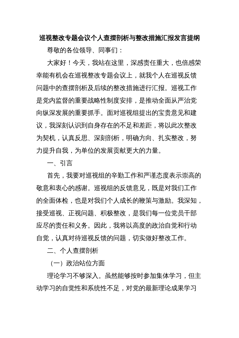 巡视整改专题会议个人查摆剖析与整改措施汇报发言提纲_第1页