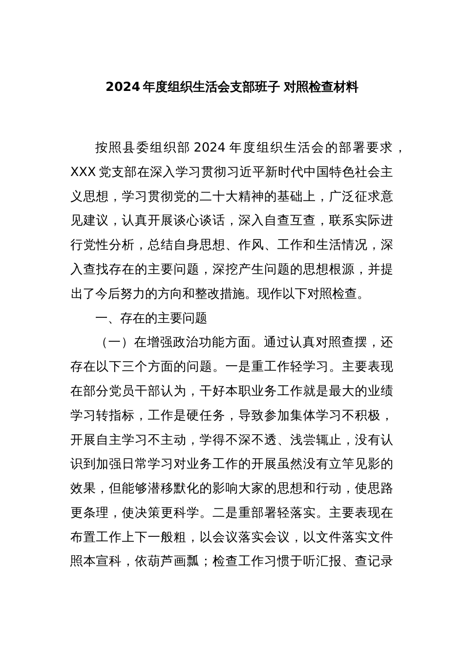 2024年度组织生活会支部班子对照检查材料_第1页