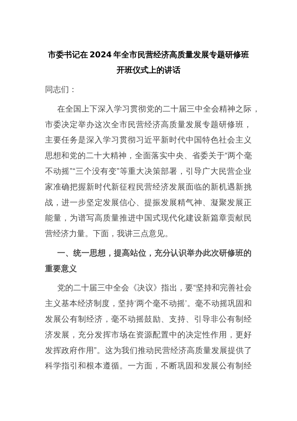 市委书记在2024年全市民营经济高质量发展专题研修班开班仪式上的讲话_第1页