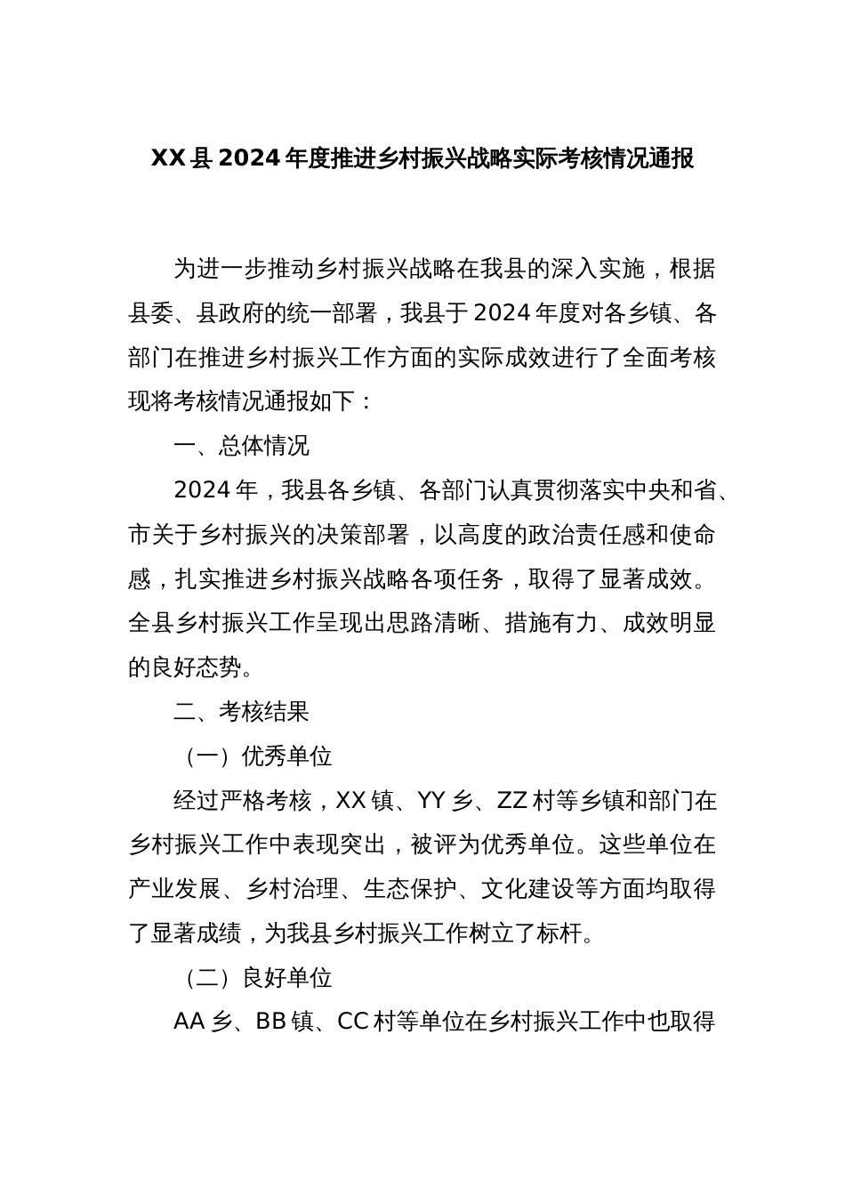 XX县2024年度推进乡村振兴战略实际考核情况通报_第1页