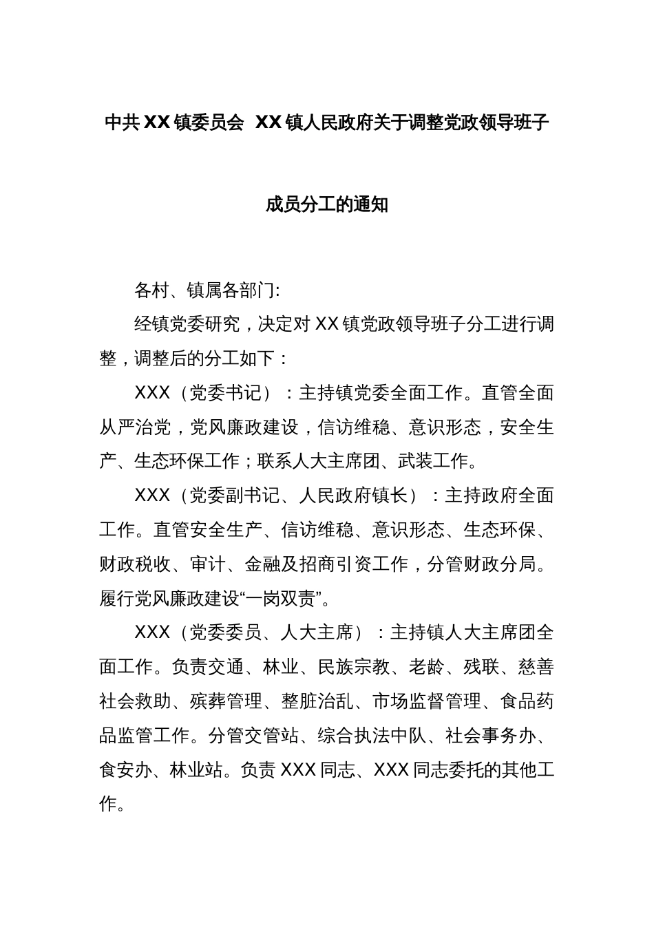 中共XX镇委员会  XX镇人民政府关于调整党政领导班子成员分工的通知_第1页