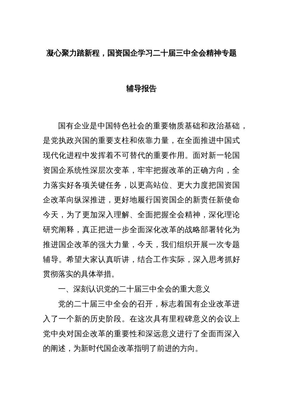 凝心聚力踏新程，国资国企学习二十届三中全会精神专题辅导报告_第1页