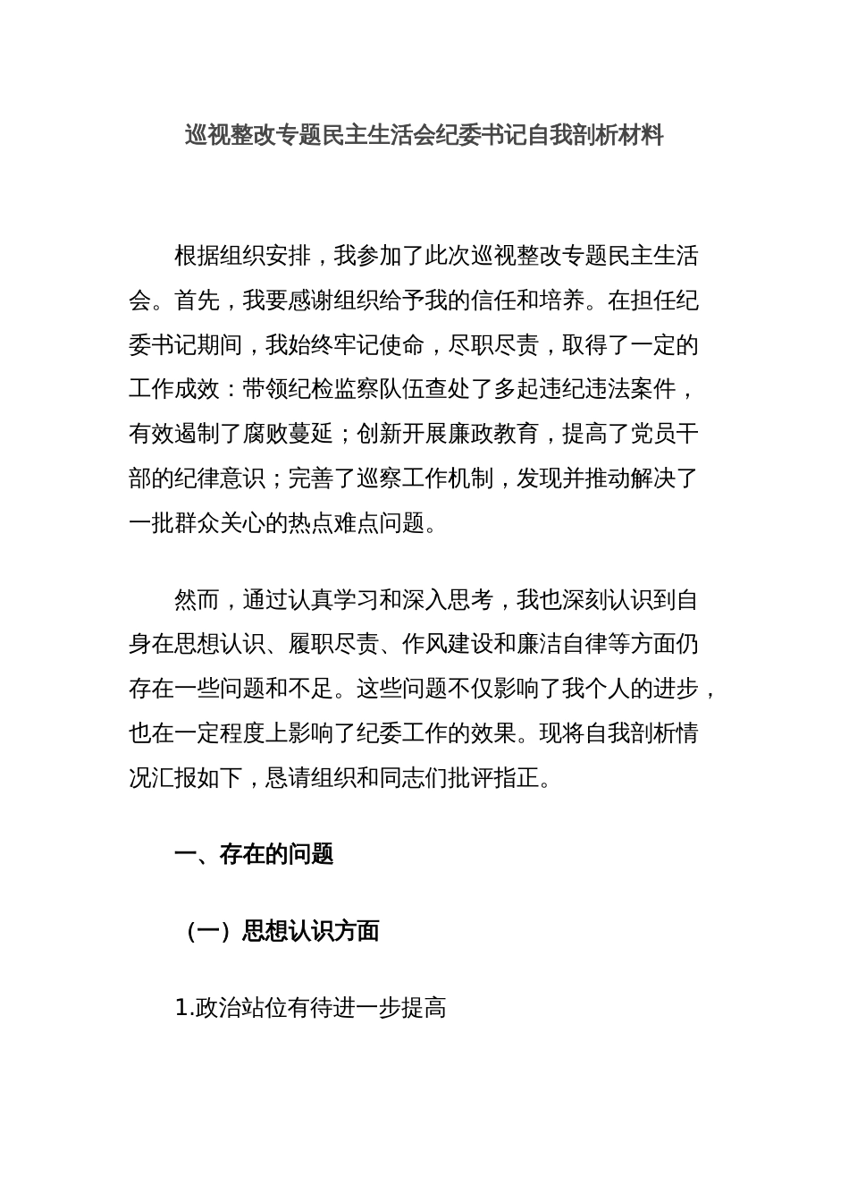 巡视整改专题民主生活会纪委书记自我剖析材料_第1页