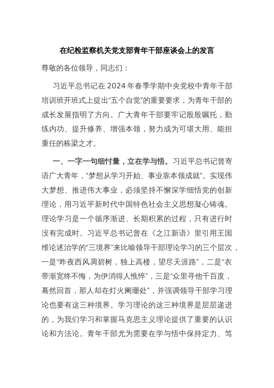 在纪检监察机关党支部青年干部座谈会上的发言_第1页