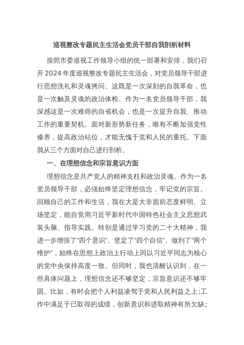 巡视整改专题民主生活会党员干部自我剖析材料_第1页