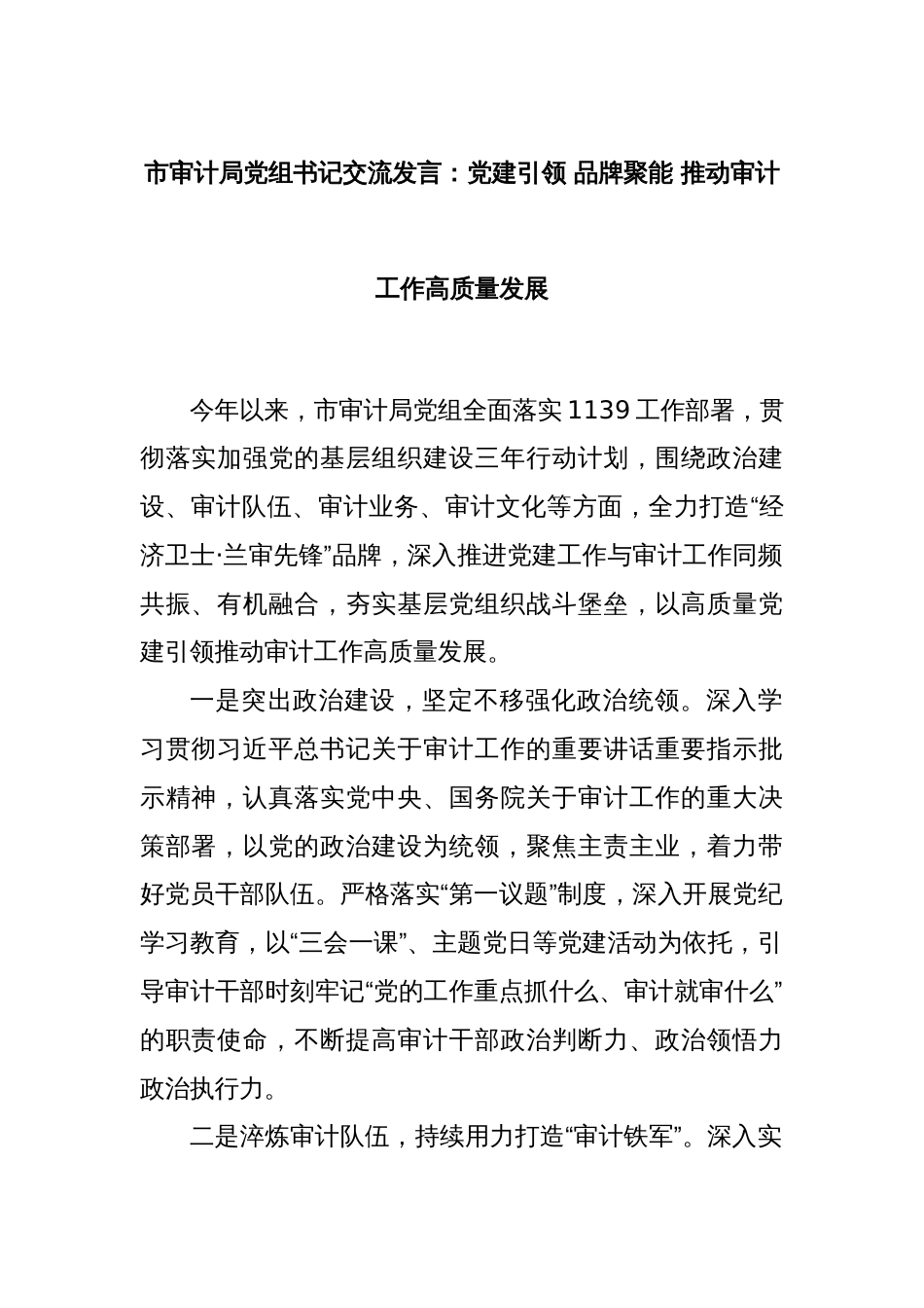 市审计局党组书记交流发言：党建引领 品牌聚能 推动审计工作高质量发展_第1页