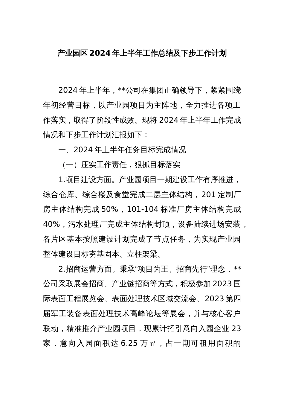 产业园区2024年上半年工作总结及下步工作计划_第1页