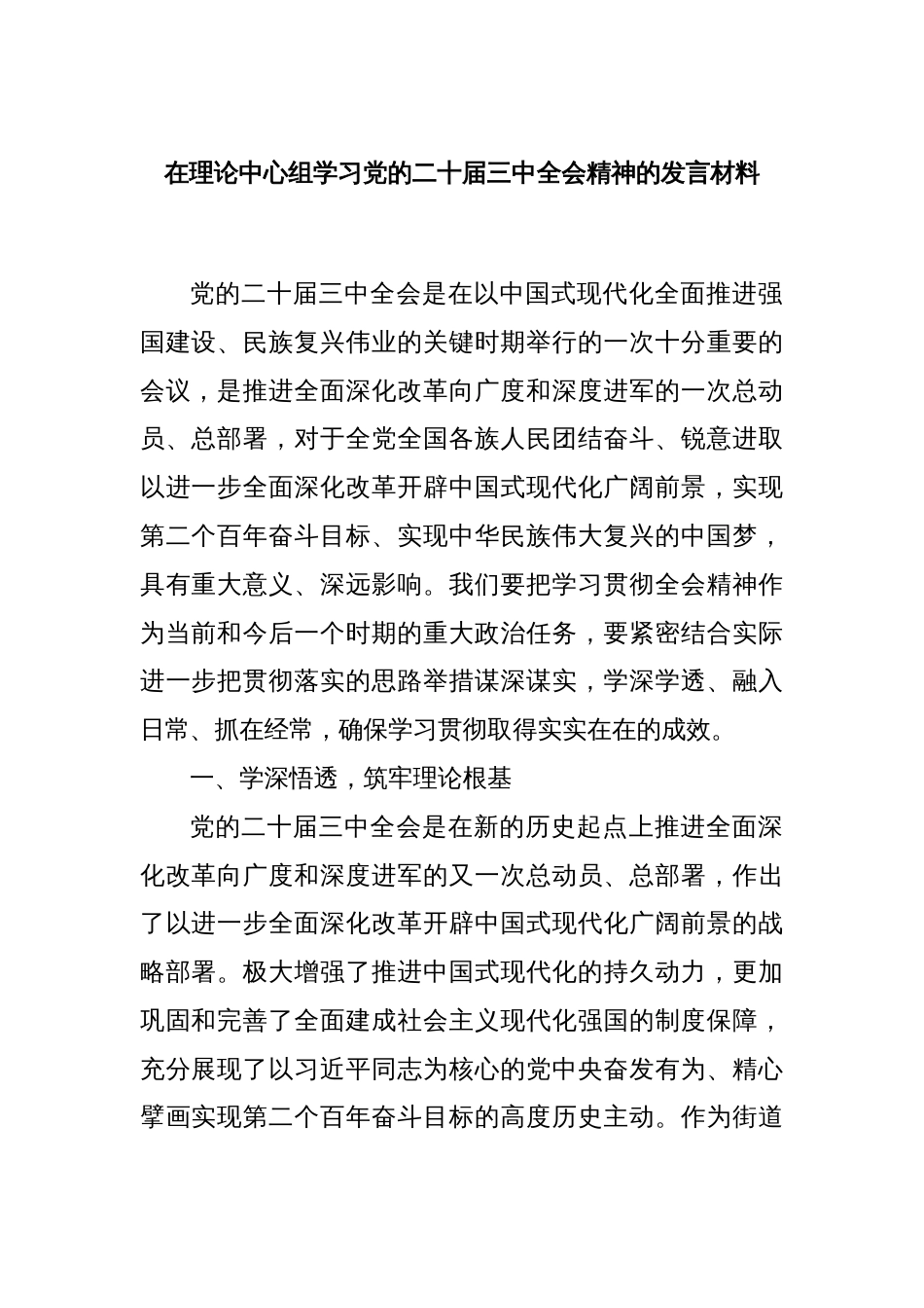 在理论中心组学习党的二十届三中全会精神的发言材料_第1页