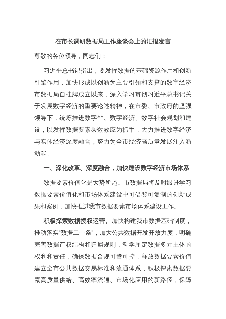 在市长调研数据局工作座谈会上的汇报发言_第1页