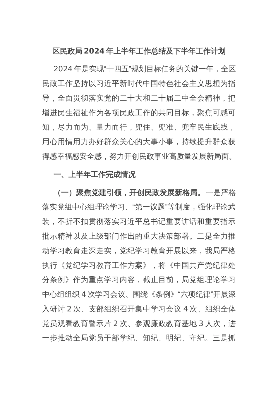 区民政局2024年上半年工作总结及下半年工作计划_第1页