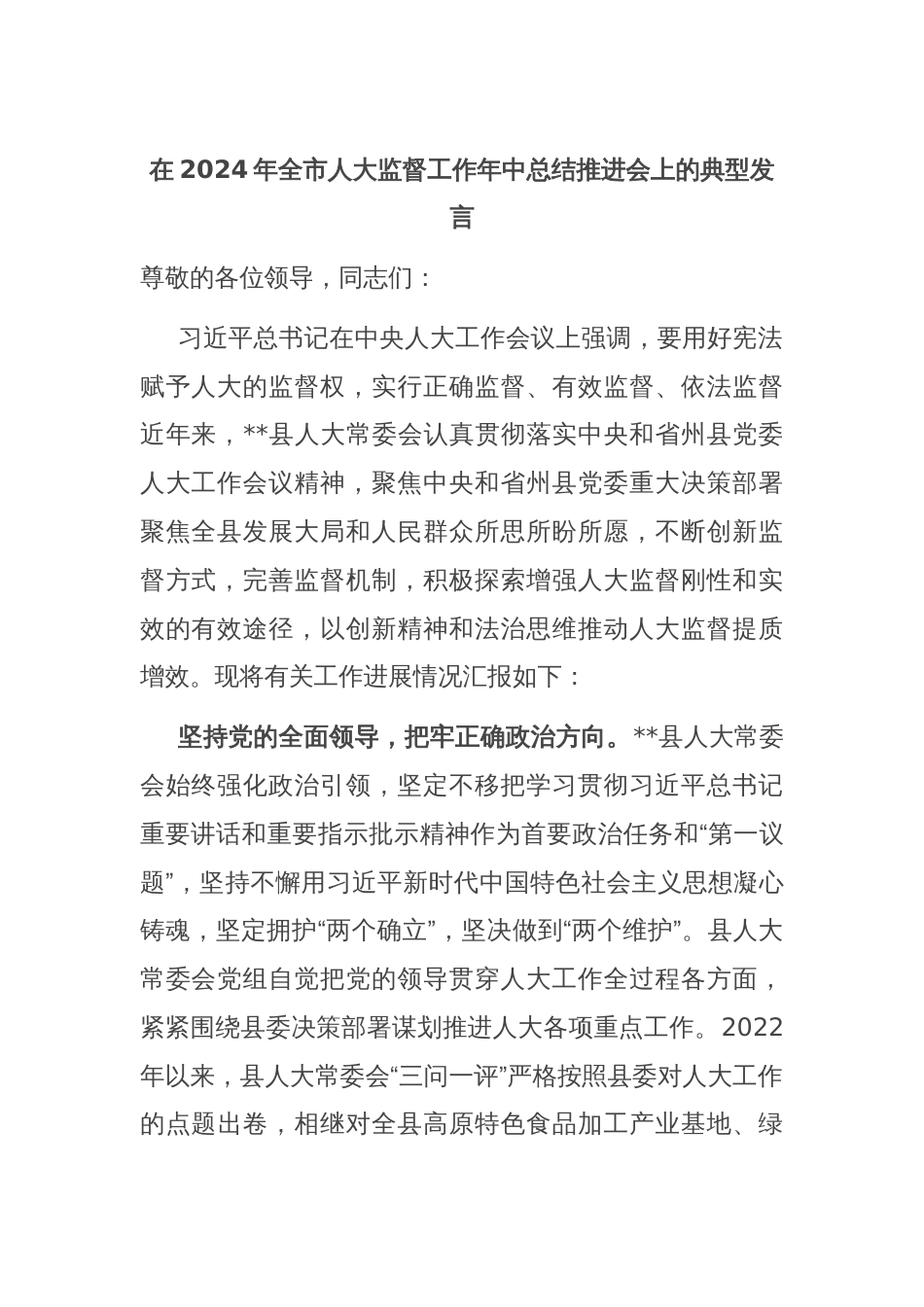 在2024年全市人大监督工作年中总结推进会上的典型发言_第1页