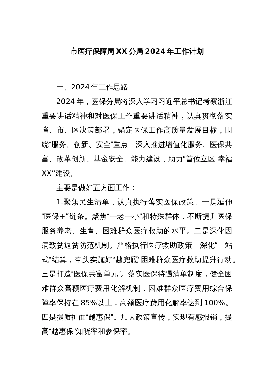 市医疗保障局XX分局2024年工作计划_第1页