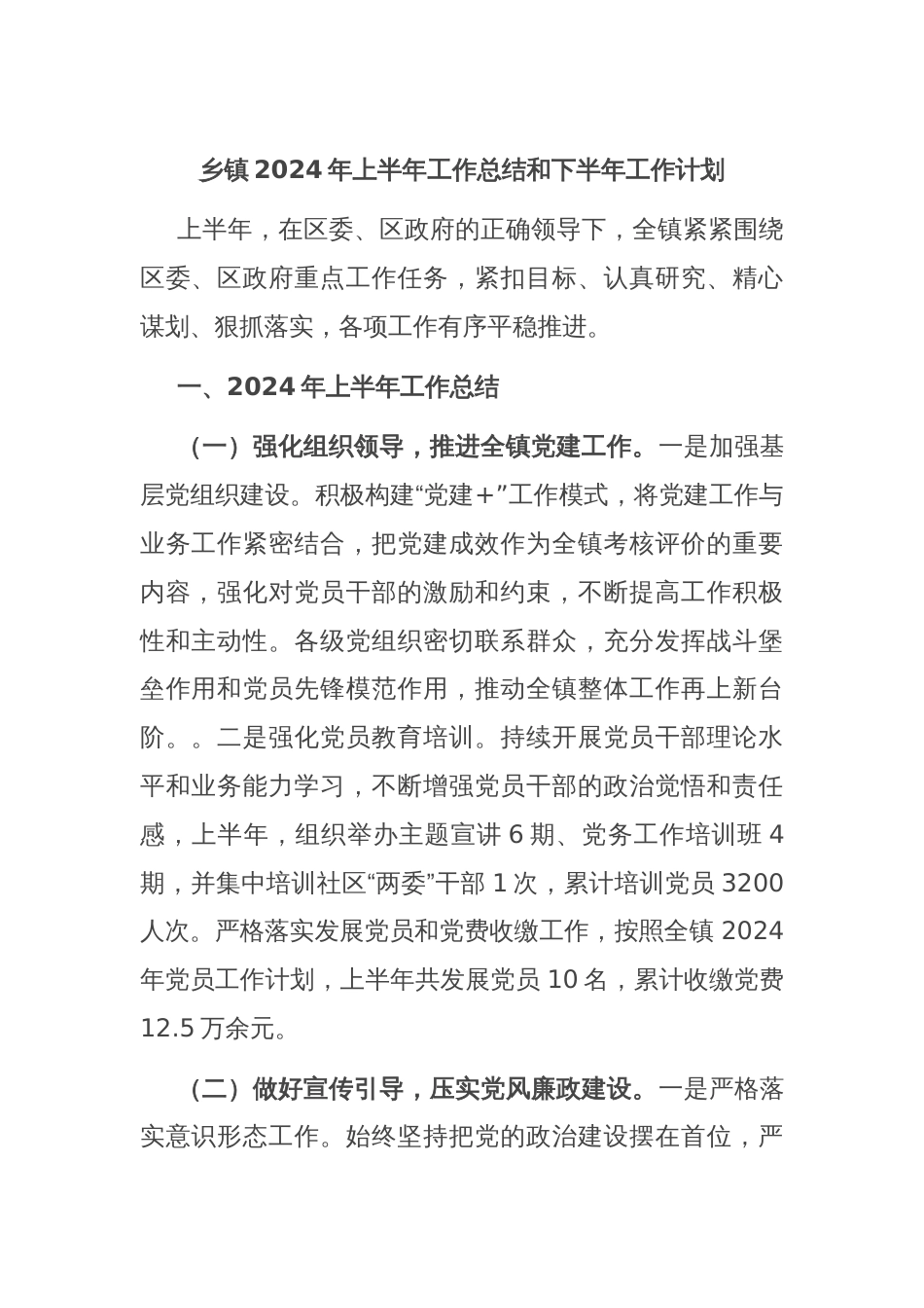 乡镇2024年上半年工作总结和下半年工作计划_第1页