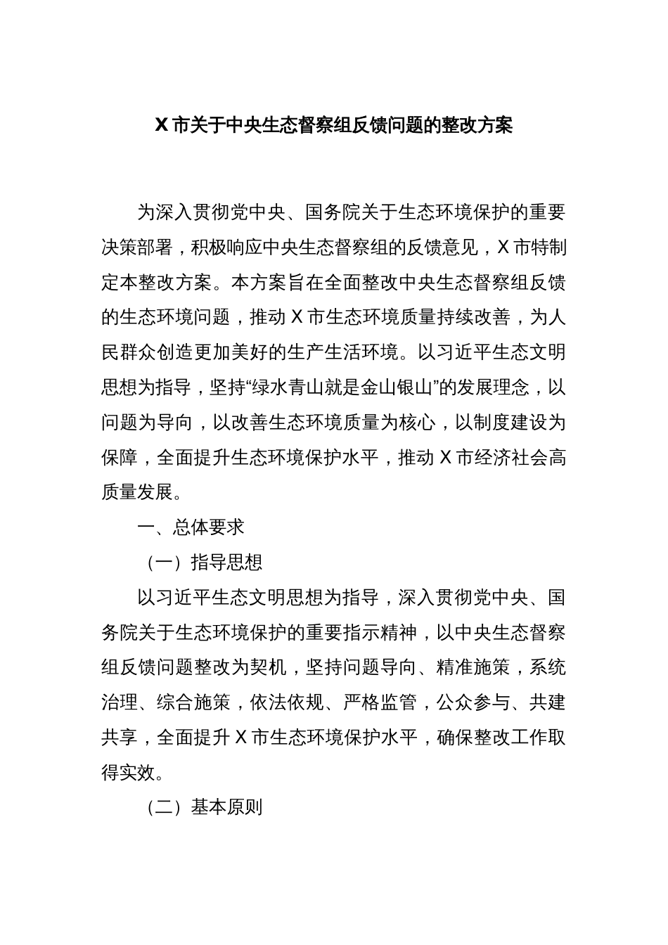 X市关于中央生态督察组反馈问题的整改方案_第1页