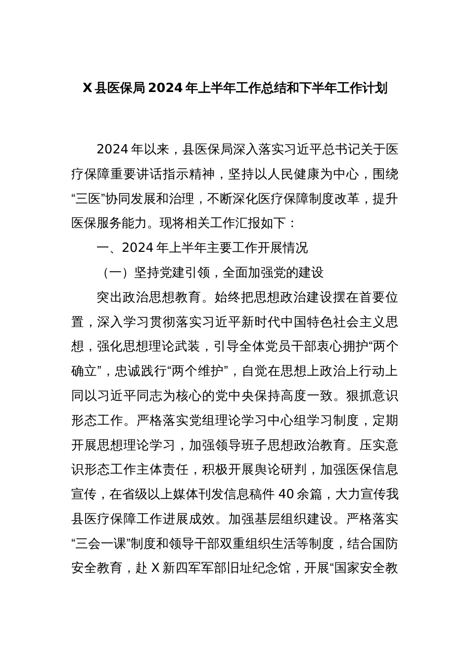 X县医保局2024年上半年工作总结和下半年工作计划_第1页