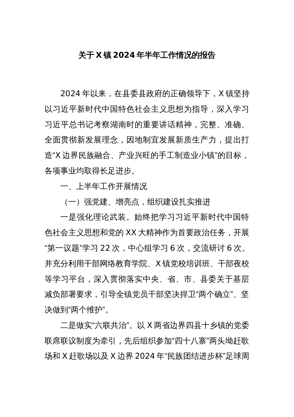 关于X镇2024年半年工作情况的报告_第1页