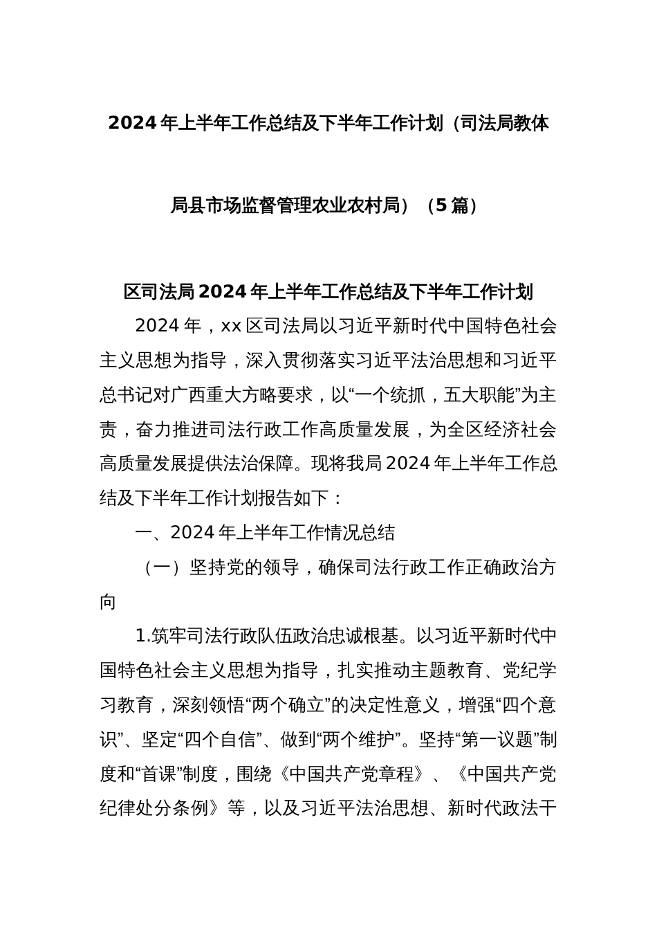 (5篇)2024年上半年工作总结及下半年工作计划（司法局教体局县市场监督管理农业农村局）_第1页