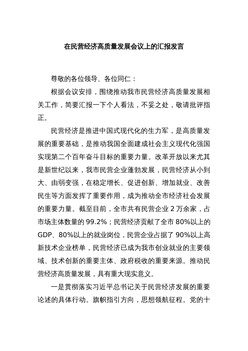 在民营经济高质量发展会议上的汇报发言_第1页