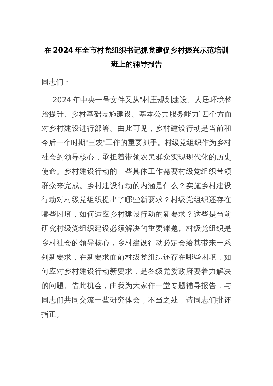 在2024年全市村党组织书记抓党建促乡村振兴示范培训班上的辅导报告_第1页